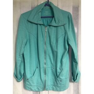 Lizwear Womens XL Teal Green 100% Cotton Full Zip Slub Knit Jacket Tab Sleeve